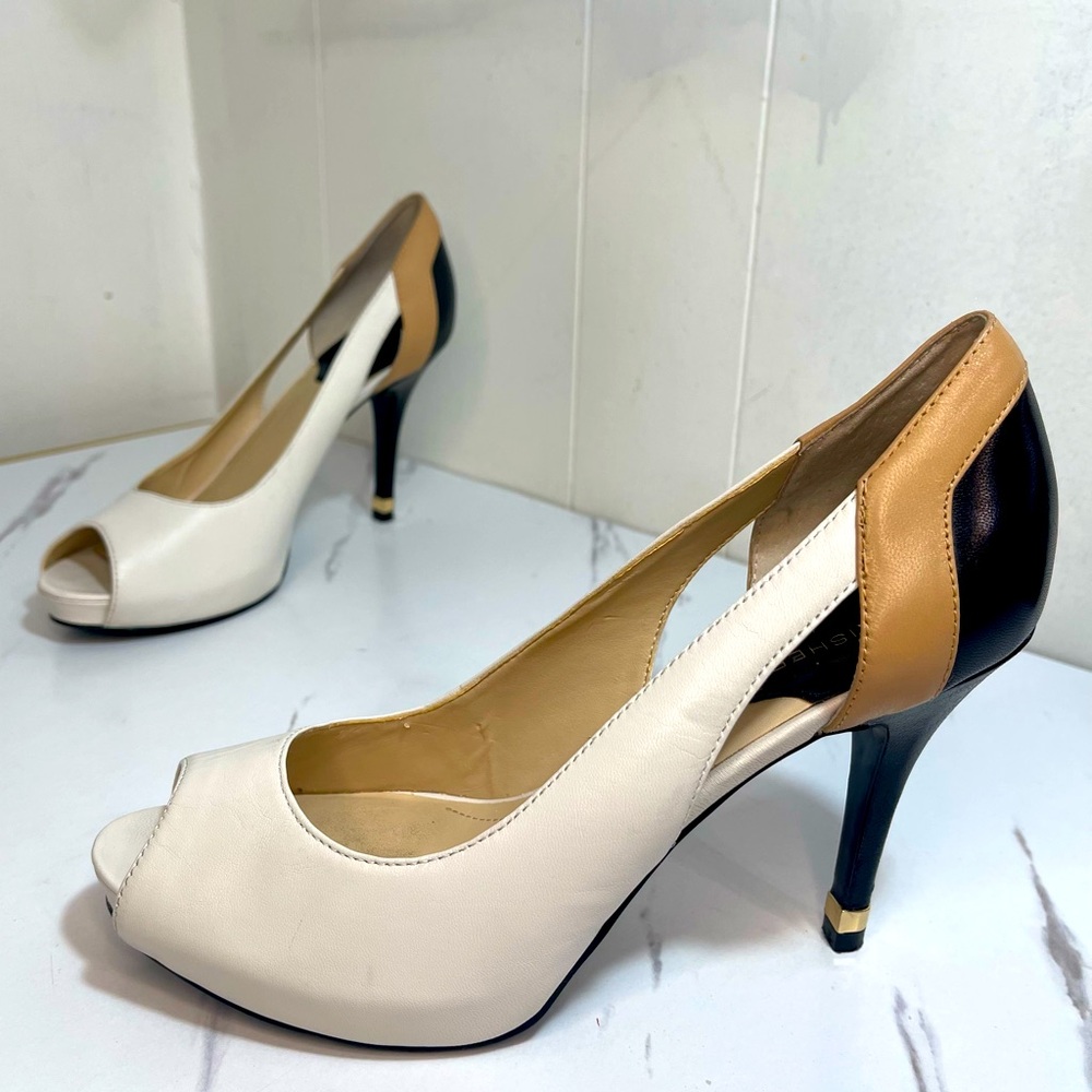 Marc Fisher Leather Color-block Peep Open Toe Heels in 8 M in white/black/beige